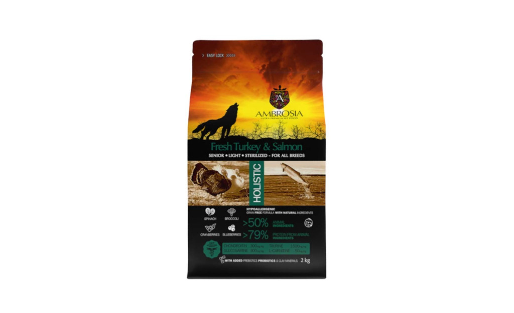ΤΡΟΦΗ ΣΚΥΛΟΥ AMBROSIA GRAIN FREE SENIOR LIGHT STERILISED ΓΑΛΟΠΟΥΛΑ & ΣΟΛΟΜΟΣ 2KG