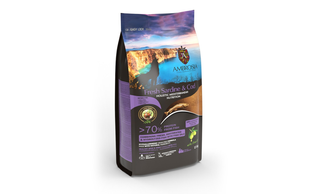 ΤΡΟΦΗ ΣΚΥΛΟΥ AMBROSIA MEDITERRANEAN DIET GRAIN FREE SENIOR LIGHT & STERILISED ΦΡΕΣΚΙΑ ΣΑΡΔΕΛΑ & ΜΠΑΚΑΛΙΑΡΟΣ 1.5KG