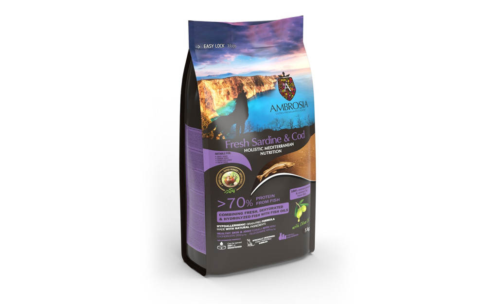 ΤΡΟΦΗ ΣΚΥΛΟΥ AMBROSIA MEDITERRANEAN DIET GRAIN FREE SENIOR LIGHT & STERILISED ΦΡΕΣΚΙΑ ΣΑΡΔΕΛΑ & ΜΠΑΚΑΛΙΑΡΟΣ 5KG