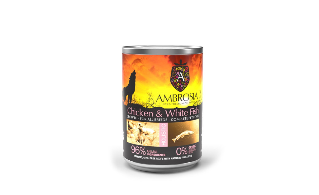 ΚΟΝΣΕΡΒΑ ΣΚΥΛΟΥ AMBROSIA GRAIN FREE PUPPY ΚΟΤΟΠΟΥΛΟ & ΛΕΥΚΟ ΨΑΡΙ 400GR